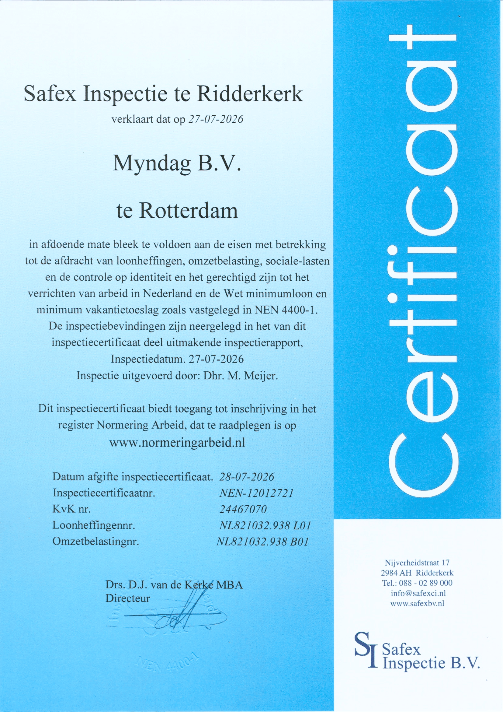 Safex Inspectie NEN 4400-1 Certificaat - Myndag B.V. (27-07-2026)